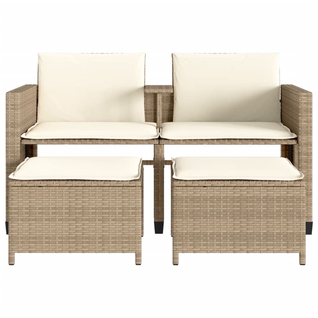 Gartensofa 2-Sitzer mit Tisch und Hockern Beige Poly Rattan