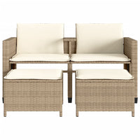 Gartensofa 2-Sitzer mit Tisch und Hockern Beige Poly Rattan