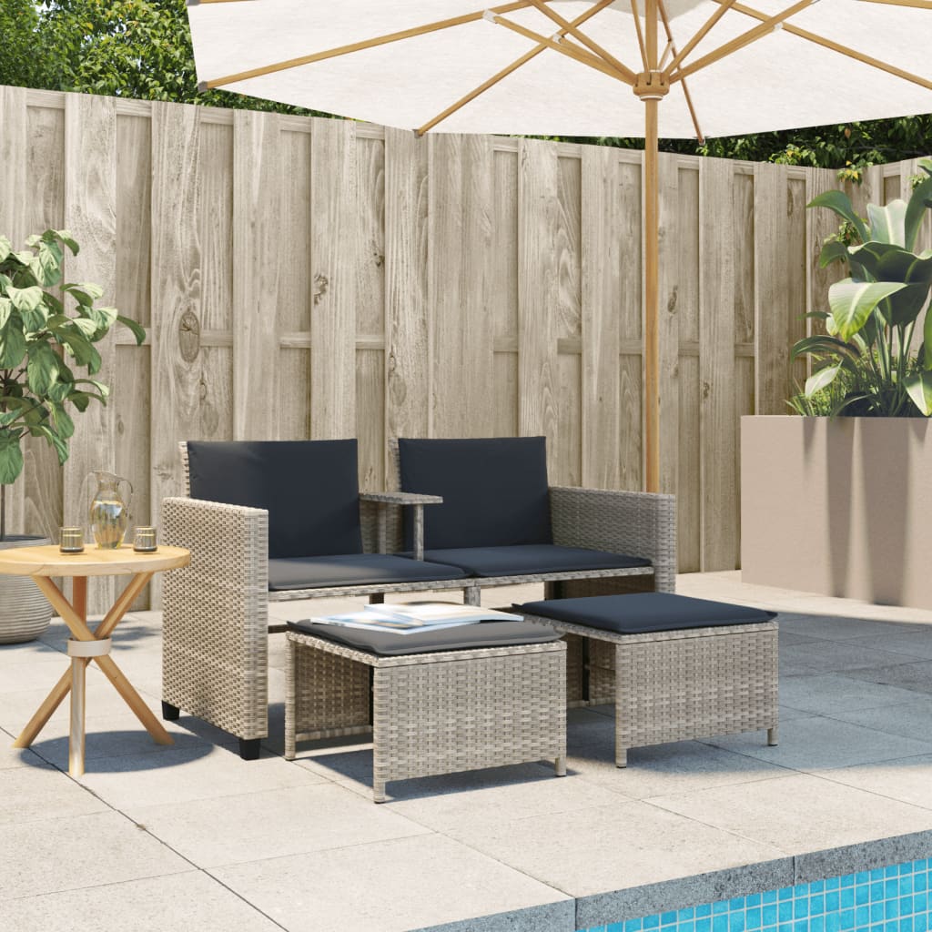 Gartensofa 2-Sitzer mit Tisch und Hockern Hellgrau Poly Rattan