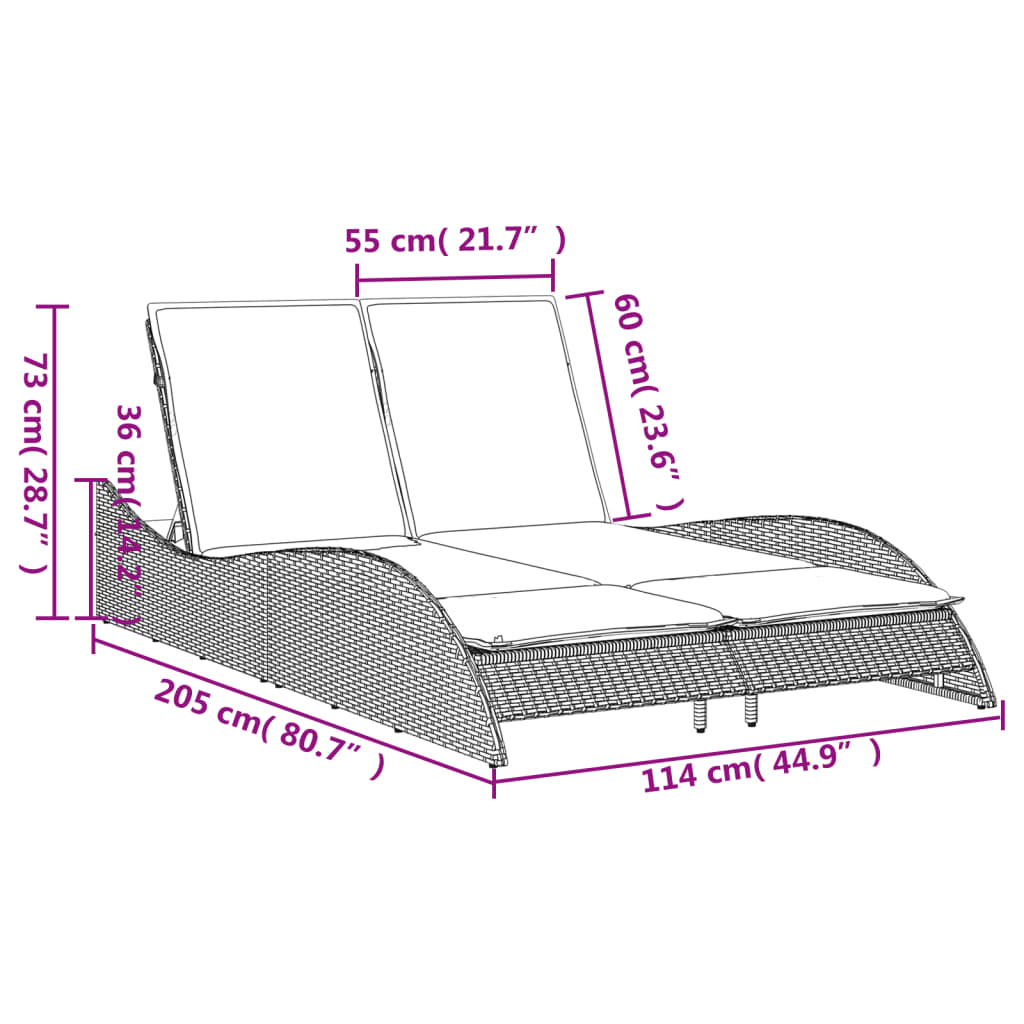 Sonnenliege mit Auflagen Braun 114x205x73 cm Poly Rattan