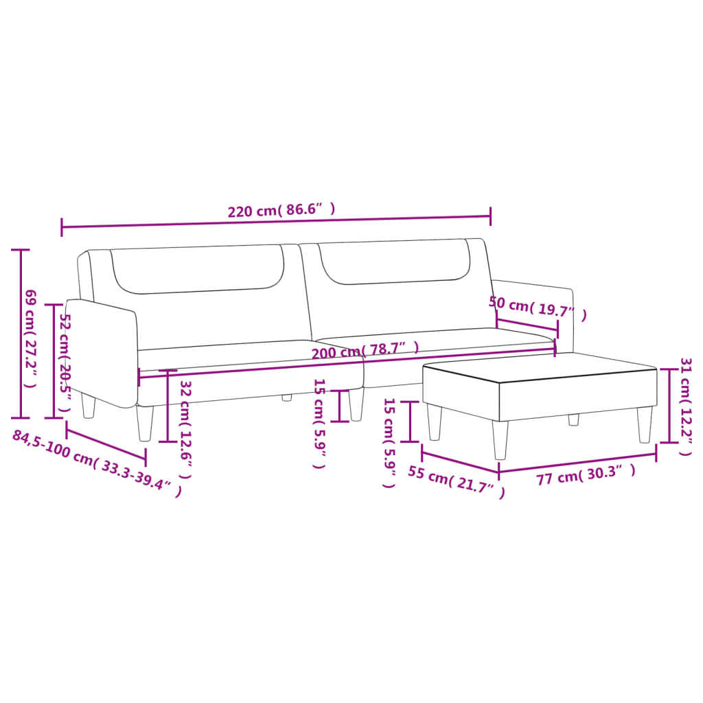 Schlafsofa 2-Sitzer mit Fußhocker Hellgrau Stoff