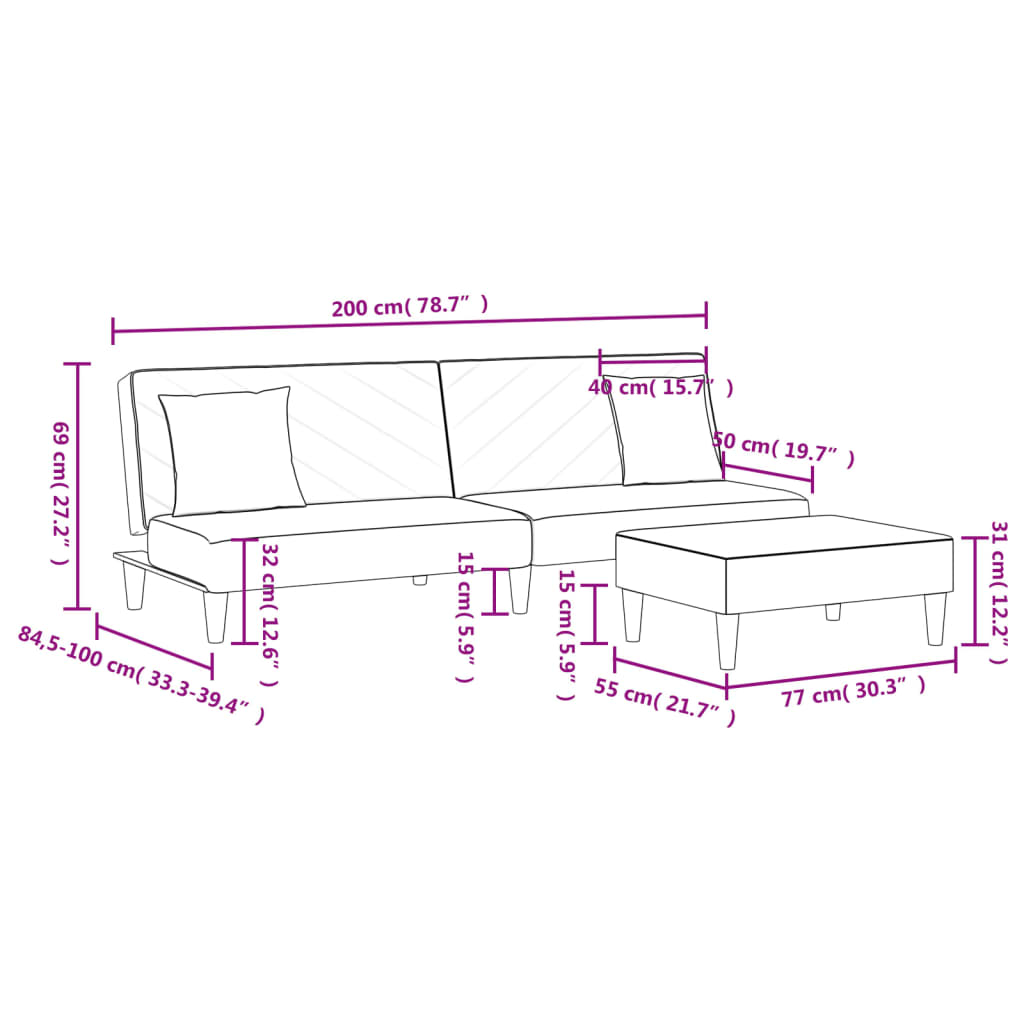 Schlafsofa 2-Sitzer mit Kissen und Fußhocker Dunkelgrau Stoff