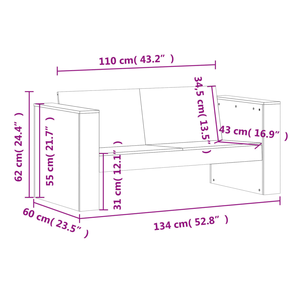 Gartensofa 2-Sitzer Weiß 134x60x62 cm Massivholz Kiefer