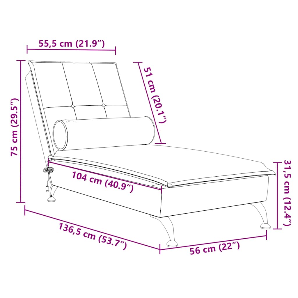Massage-Chaiselongue mit Nackenrolle Creme Samt