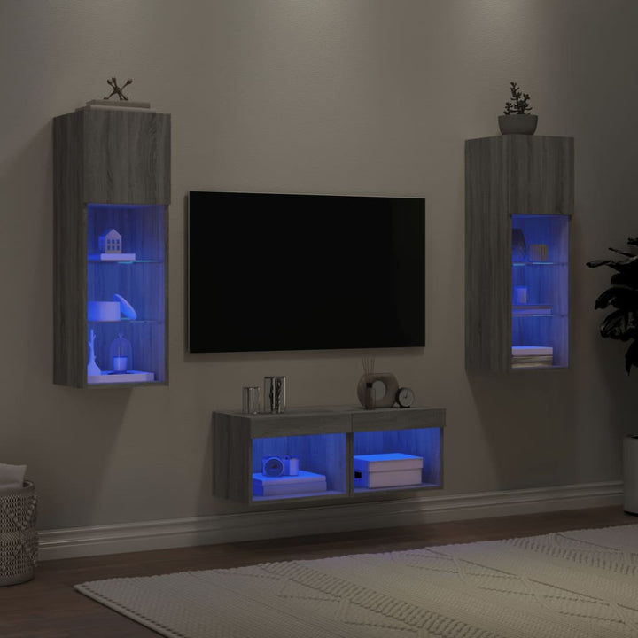 4-tlg. TV-Wohnwand mit LED-Leuchten Grau Sonoma