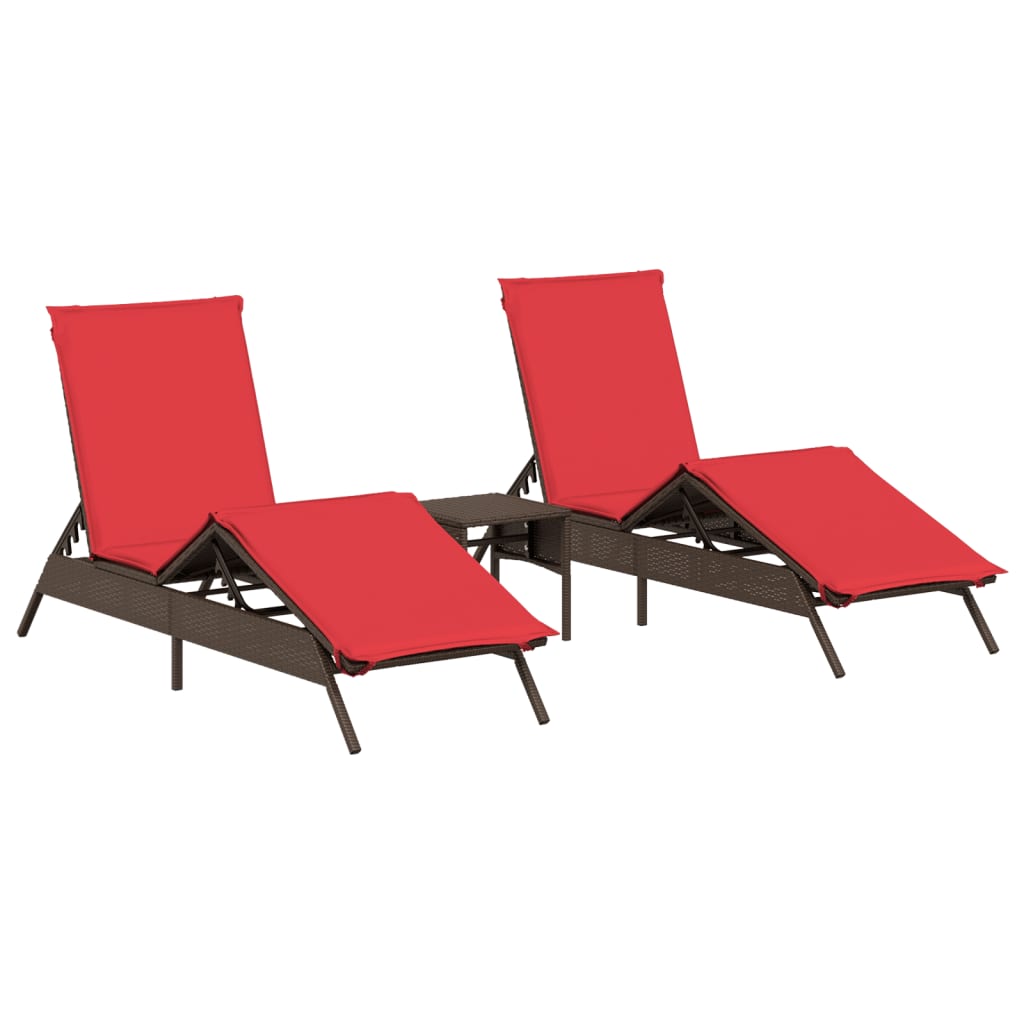 Sonnenliegen 2 Stk. mit Tisch Braun Poly Rattan