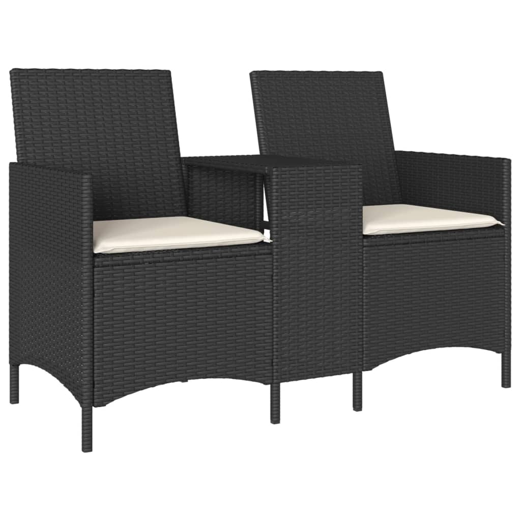 Gartensofa 2-Sitzer mit Tisch und Kissen Schwarz Poly Rattan