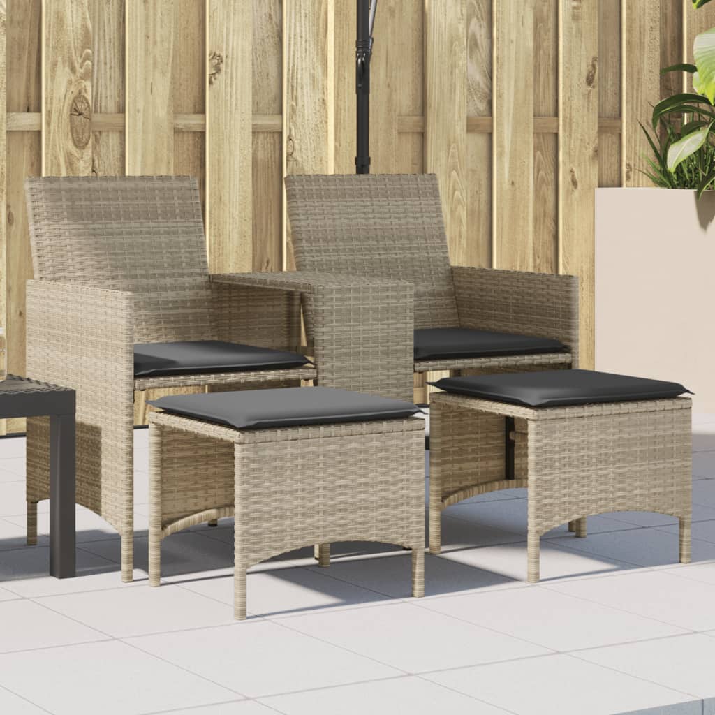 Gartensofa 2-Sitzer mit Tisch und Hockern Hellgrau Poly Rattan