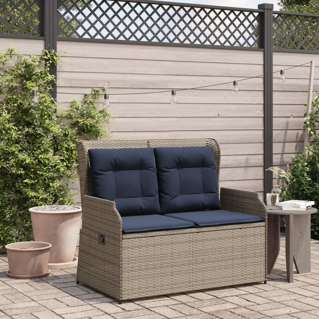 Gartenbank mit Liegefunktion und Kissen Grau Polyrattan