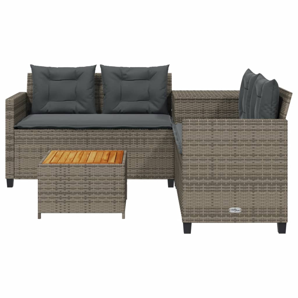 Gartensofa in L-Form mit Tisch und Kissen Grau Poly Rattan