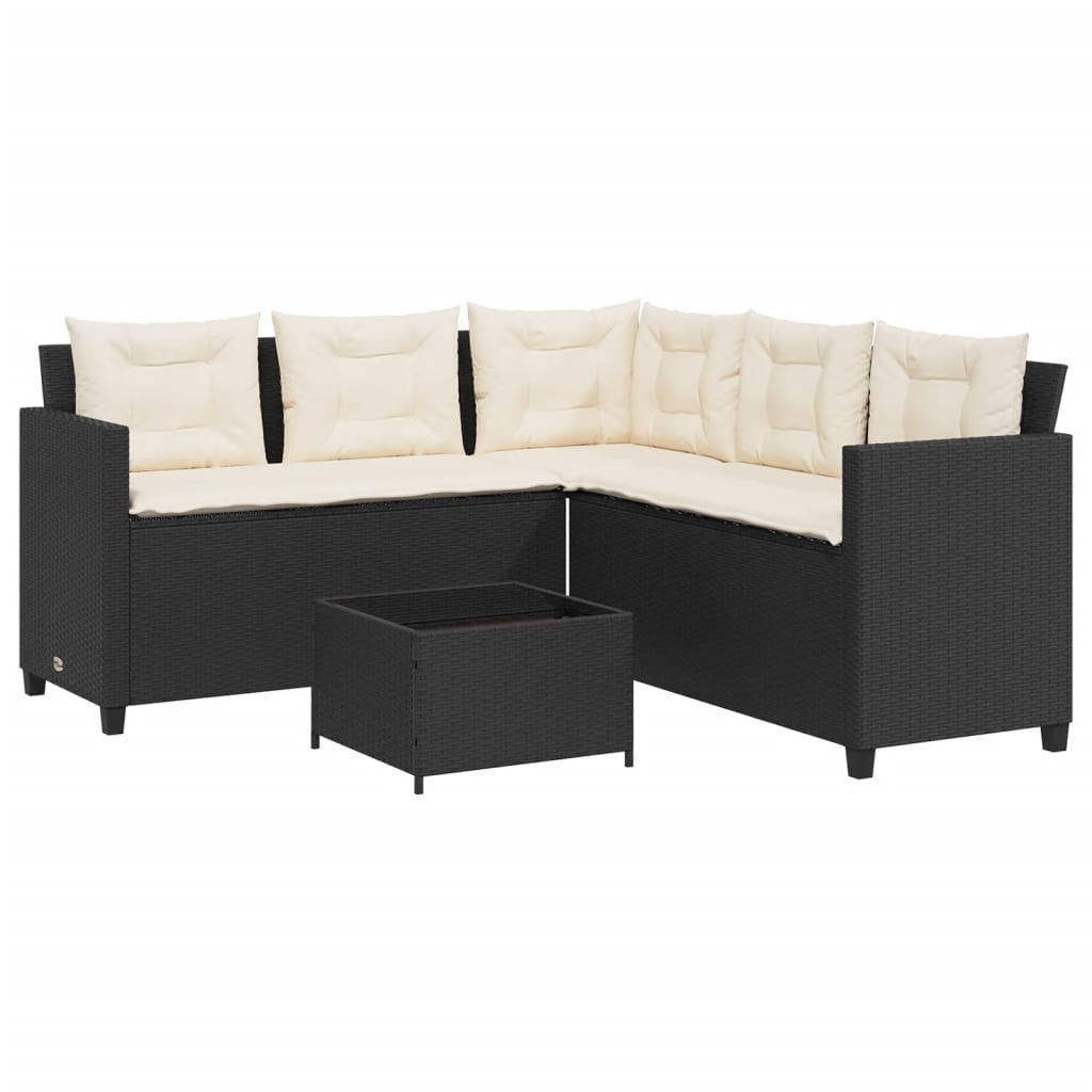 Gartensofa in L-Form mit Tisch und Kissen Schwarz Poly Rattan