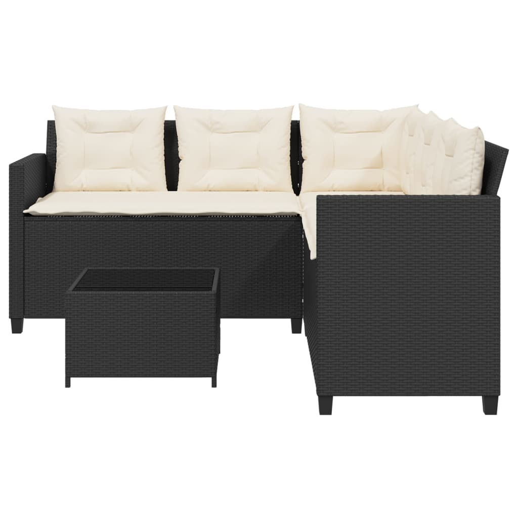 Gartensofa in L-Form mit Tisch und Kissen Schwarz Poly Rattan