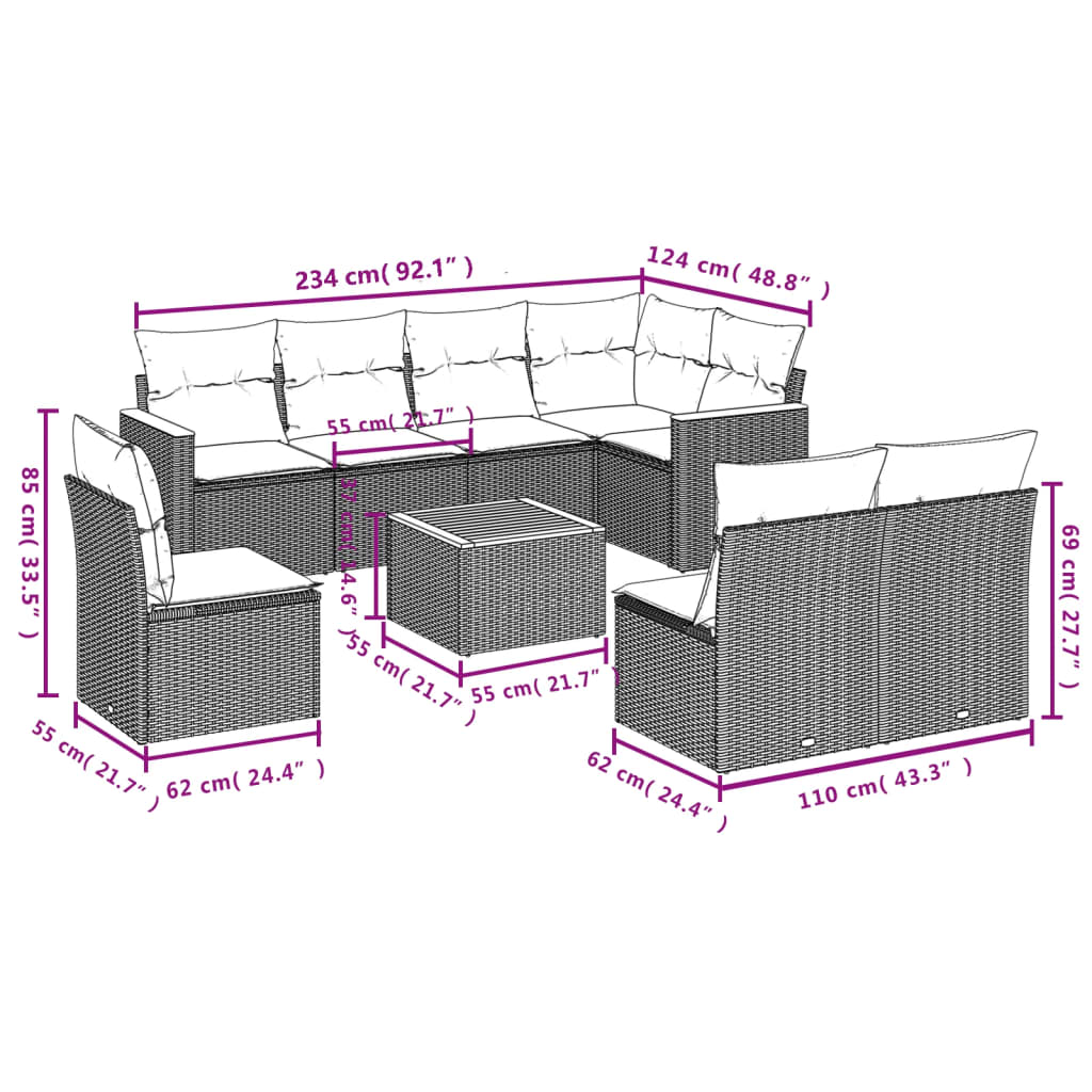 9-teiliges Gartensofa-Set mit Kissen, grau, Polyrattan