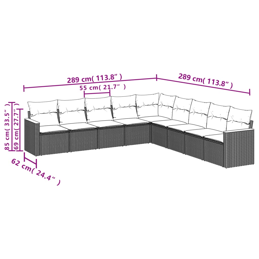 9-tlg. Garten-Sofagarnitur mit Kissen Beige Poly Rattan