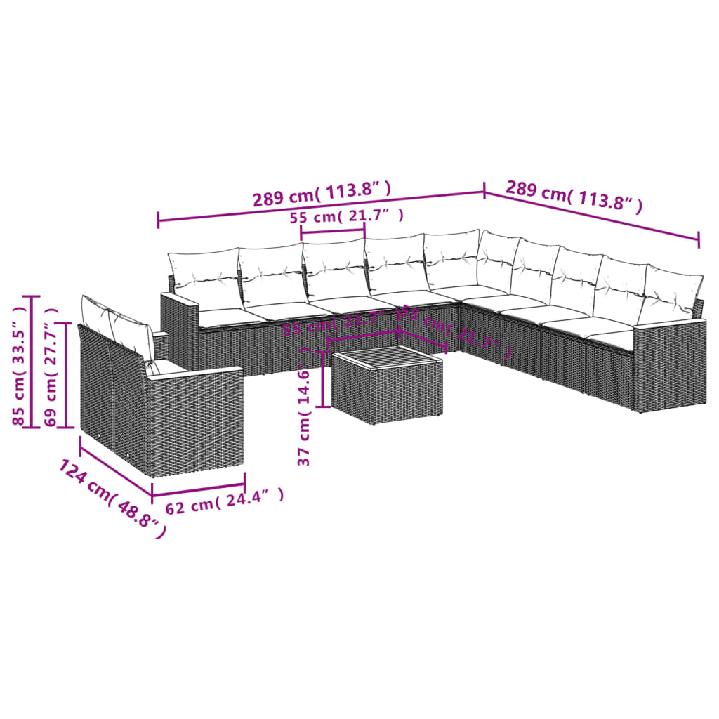 12-teiliges Gartensofa-Set mit Kissen, schwarzes Polyrattan