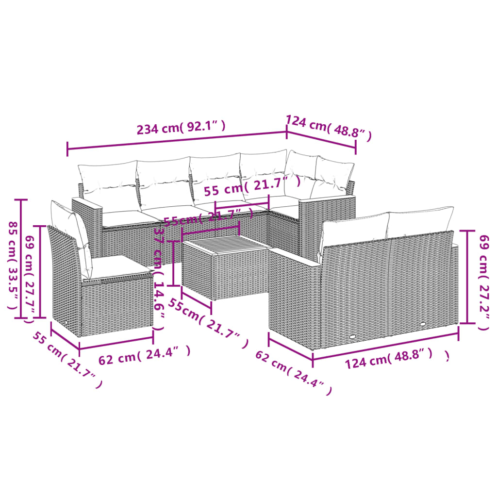 9-teiliges Gartensofa-Set mit Kissen, grau, Polyrattan