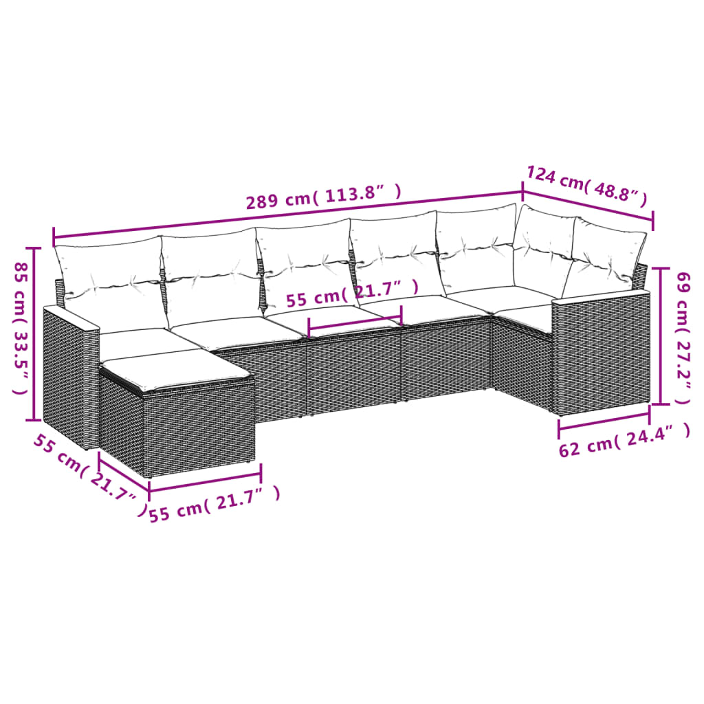 7-teiliges Gartensofa-Set mit Kissen, grau, Polyrattan