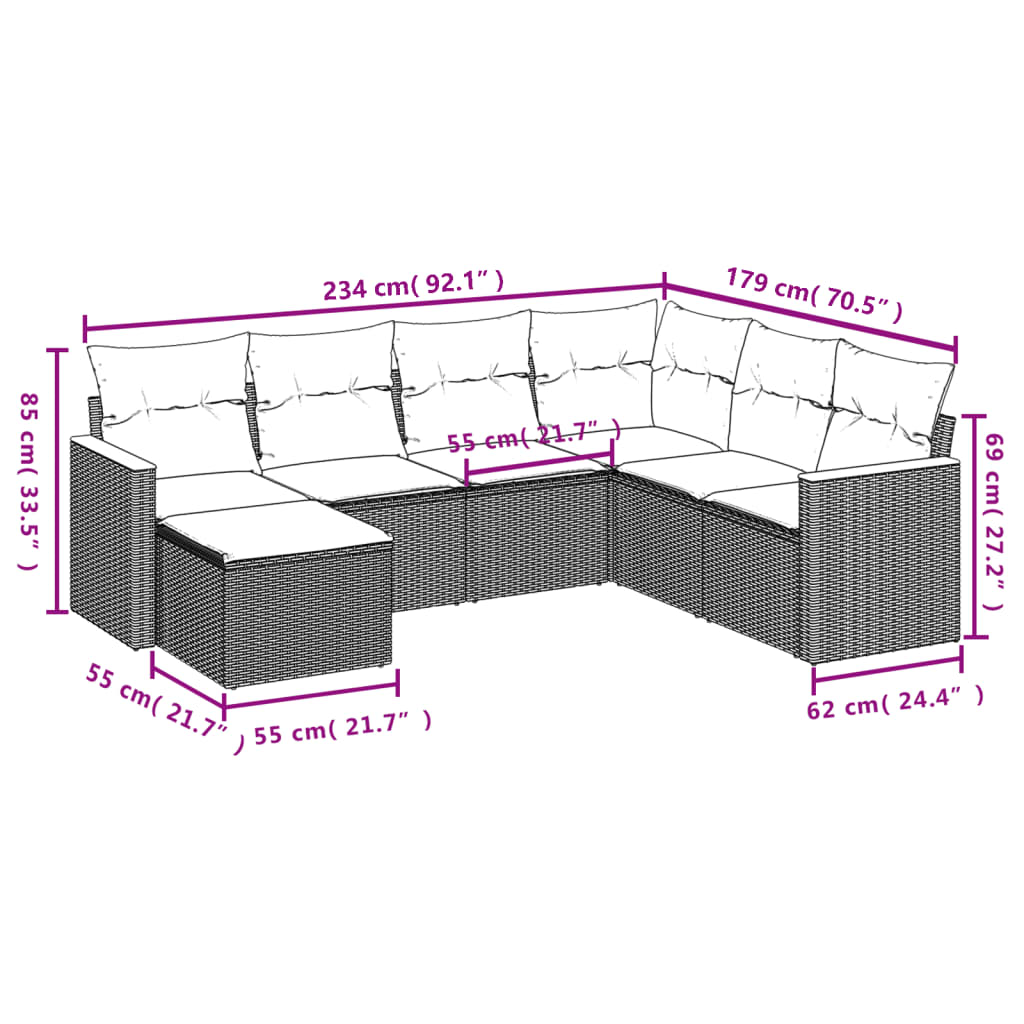 7-teiliges Gartensofa-Set mit Kissen, grau, Polyrattan