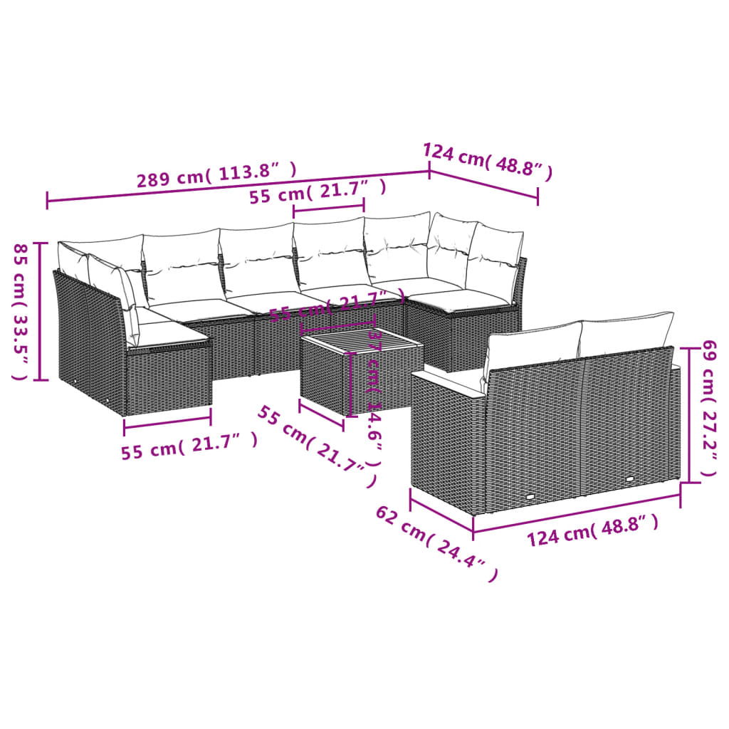 10-teiliges Gartensofa-Set mit Kissen, schwarzes Polyrattan
