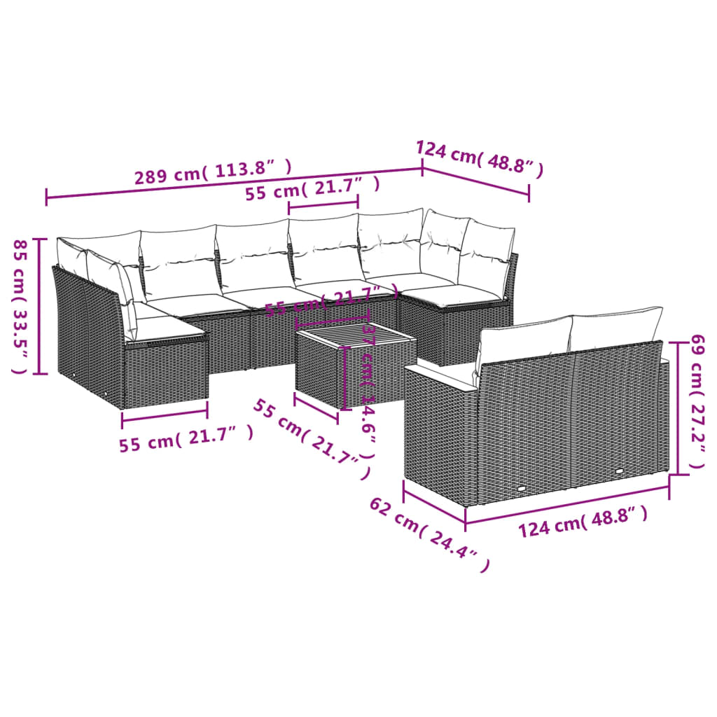10-teiliges Gartensofa-Set mit Kissen, grau, Polyrattan