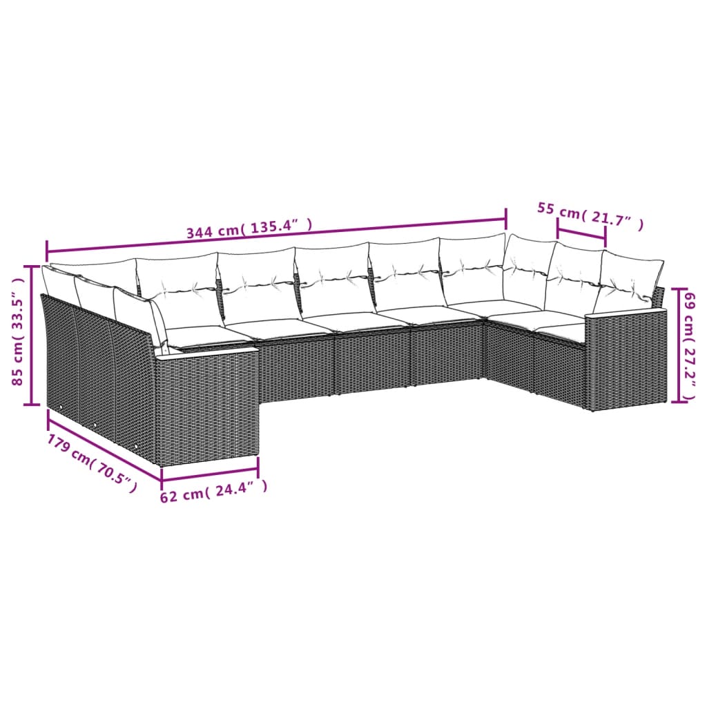 10-teiliges Gartensofa-Set mit Kissen, schwarzes Polyrattan