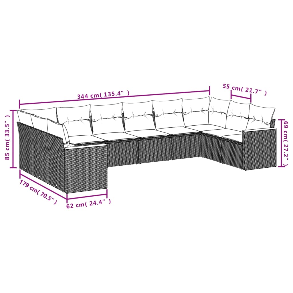 10-teiliges Gartensofa-Set mit Kissen, grau, Polyrattan