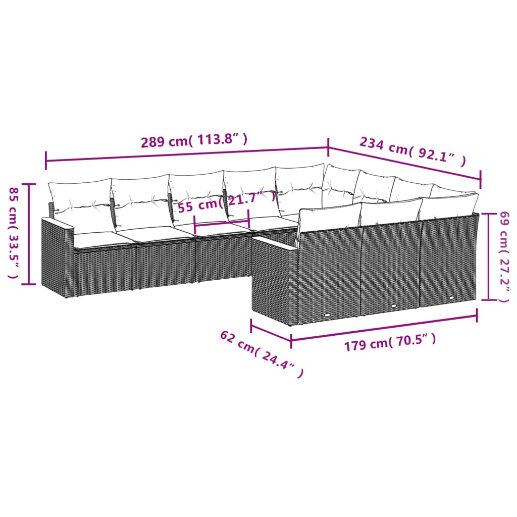 10-teiliges Gartensofa-Set mit Kissen, schwarzes Polyrattan