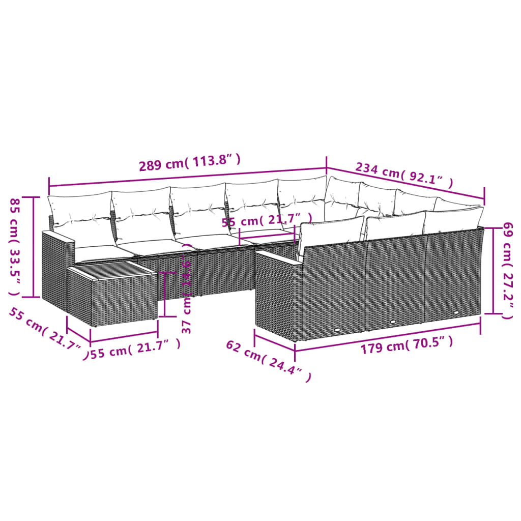 11-teiliges Gartensofa-Set mit Kissen, schwarzes Polyrattan
