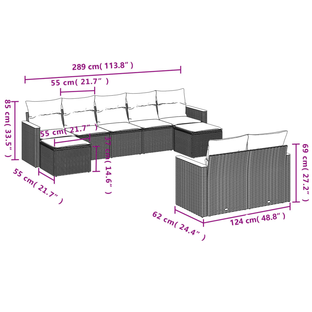 9-tlg. Garten-Sofagarnitur mit Kissen Grau Poly Rattan