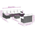 10-teiliges Gartensofa-Set mit Kissen, schwarzes Polyrattan