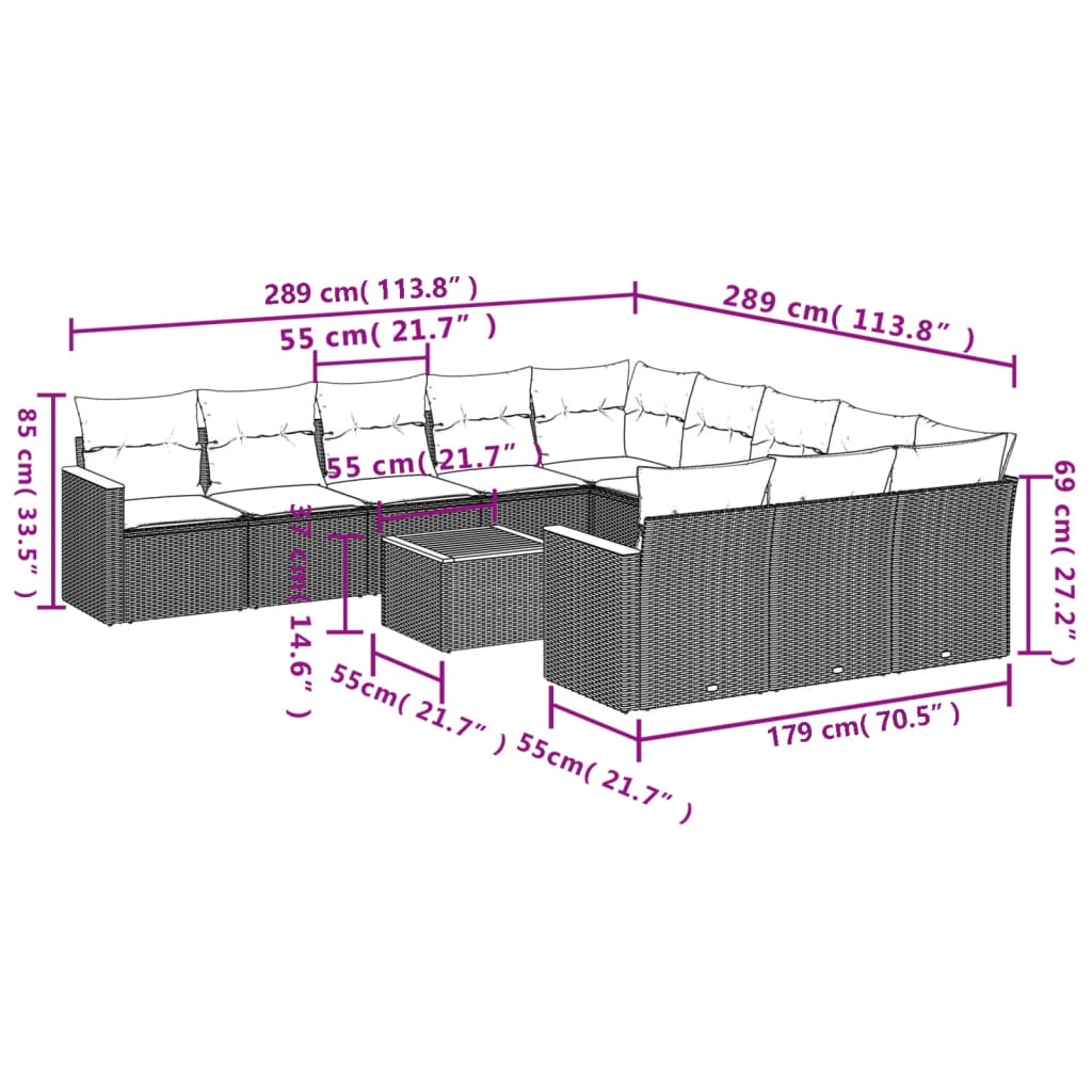 12-teiliges Gartensofa-Set mit Kissen, schwarzes Polyrattan