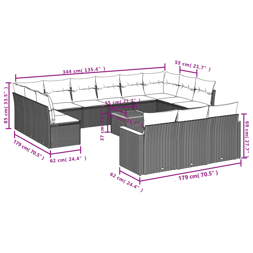 14-teiliges Gartensofa-Set mit Kissen, grau, Polyrattan