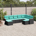 9-teiliges Gartensofa-Set mit Kissen, schwarzes Polyrattan
