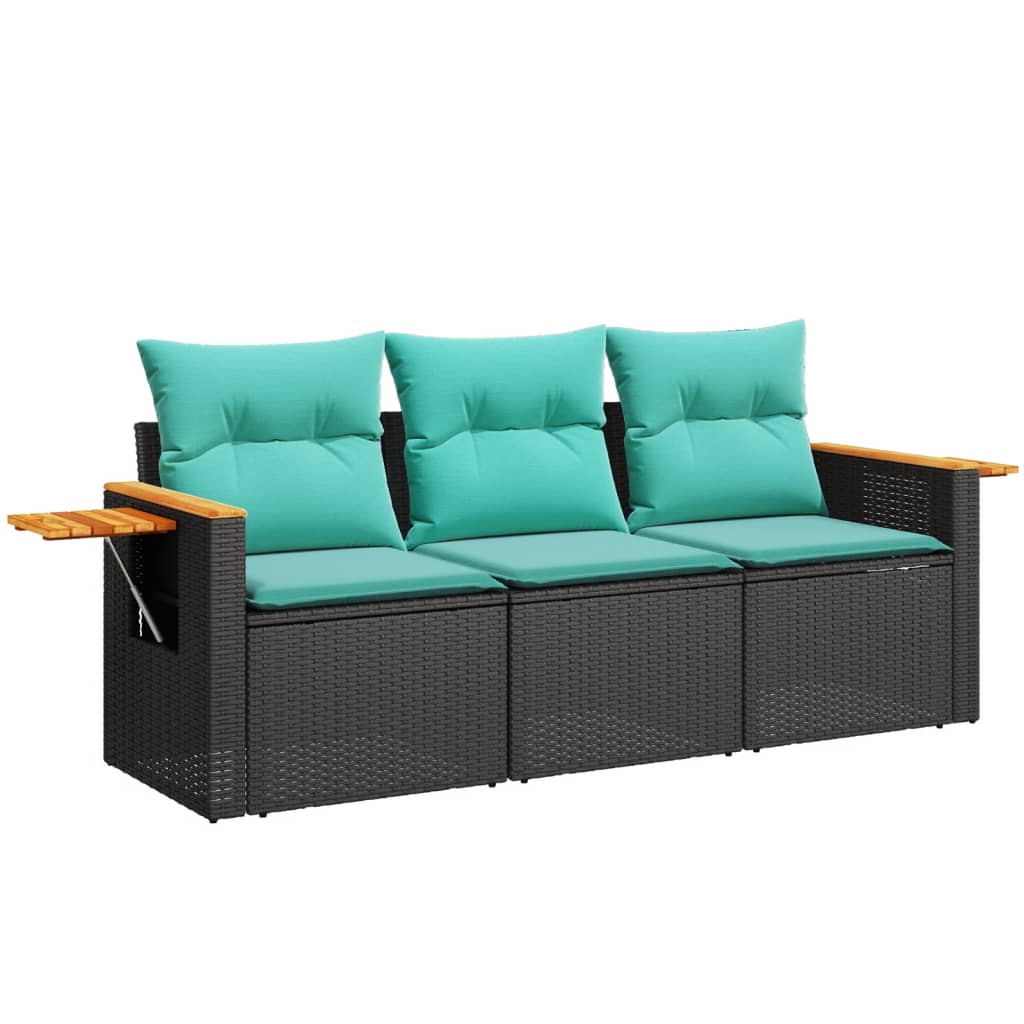 3-tlg. Garten-Sofagarnitur mit Kissen Schwarz Poly Rattan