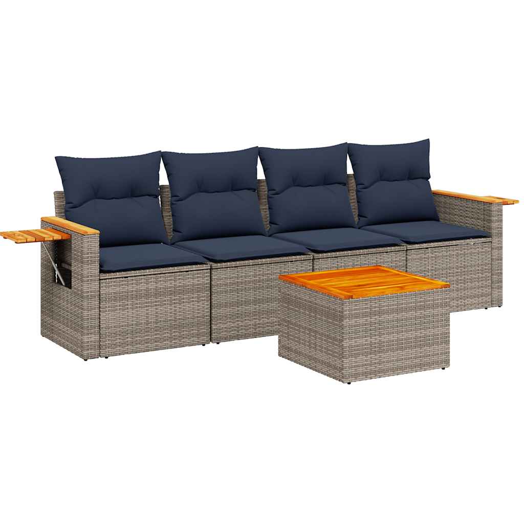 5-tlg. Garten-Sofagarnitur mit Kissen Grau Poly Rattan