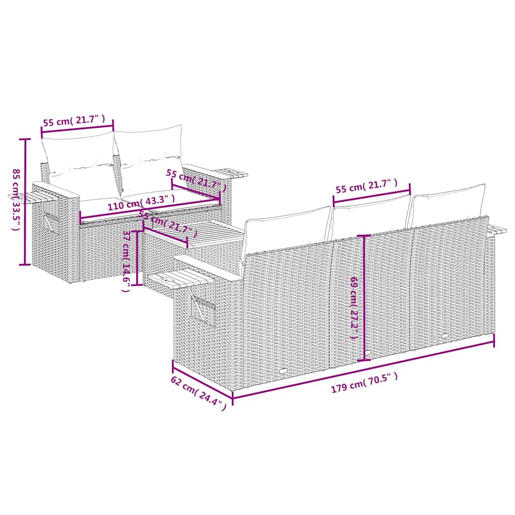 6-tlg. Garten-Sofagarnitur mit Kissen Schwarz Poly Rattan