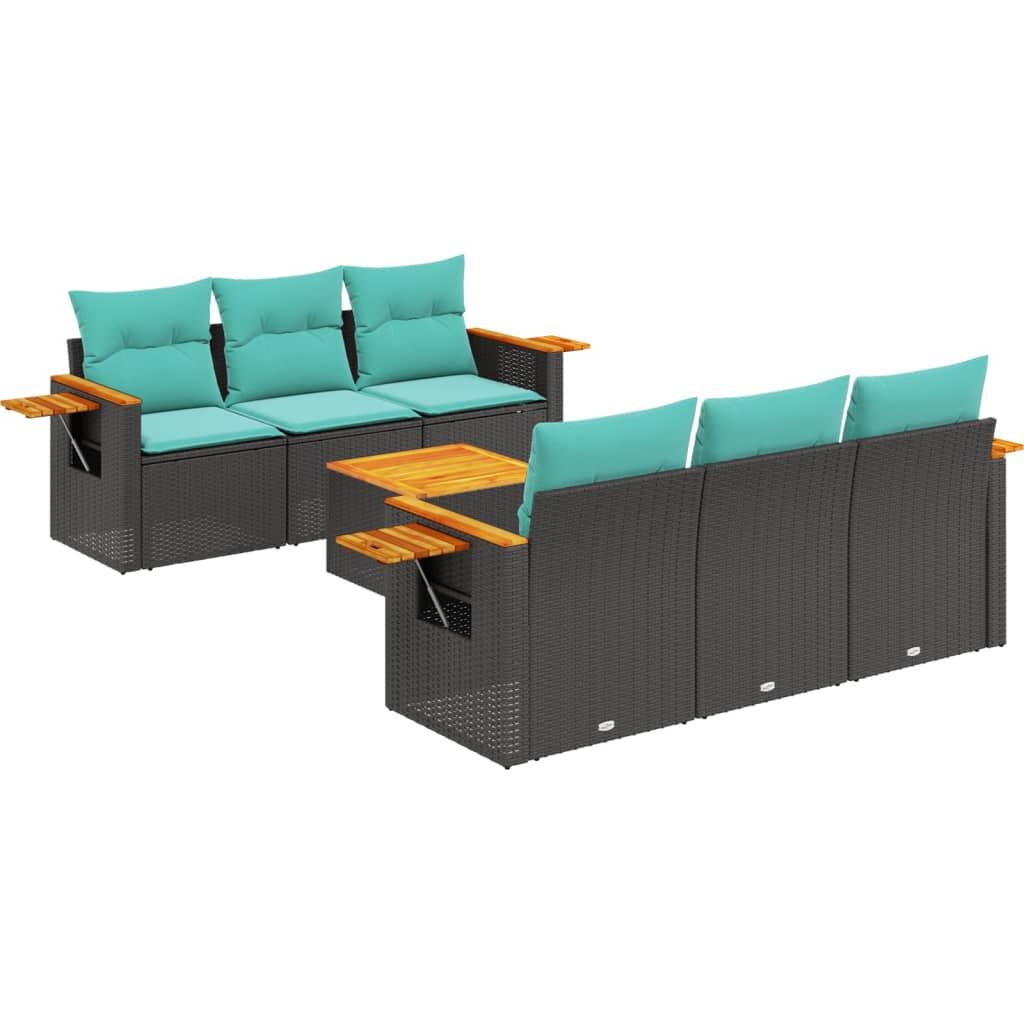 7-tlg. Garten-Sofagarnitur mit Kissen Schwarz Poly Rattan