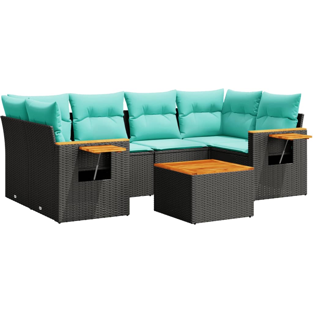 7-tlg. Garten-Sofagarnitur mit Kissen Schwarz Poly Rattan