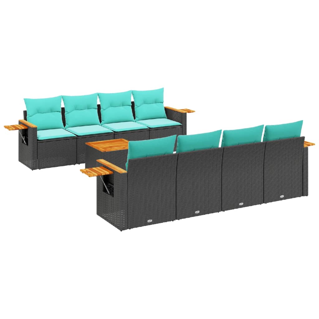 9-tlg. Garten-Sofagarnitur mit Kissen Schwarz Poly Rattan