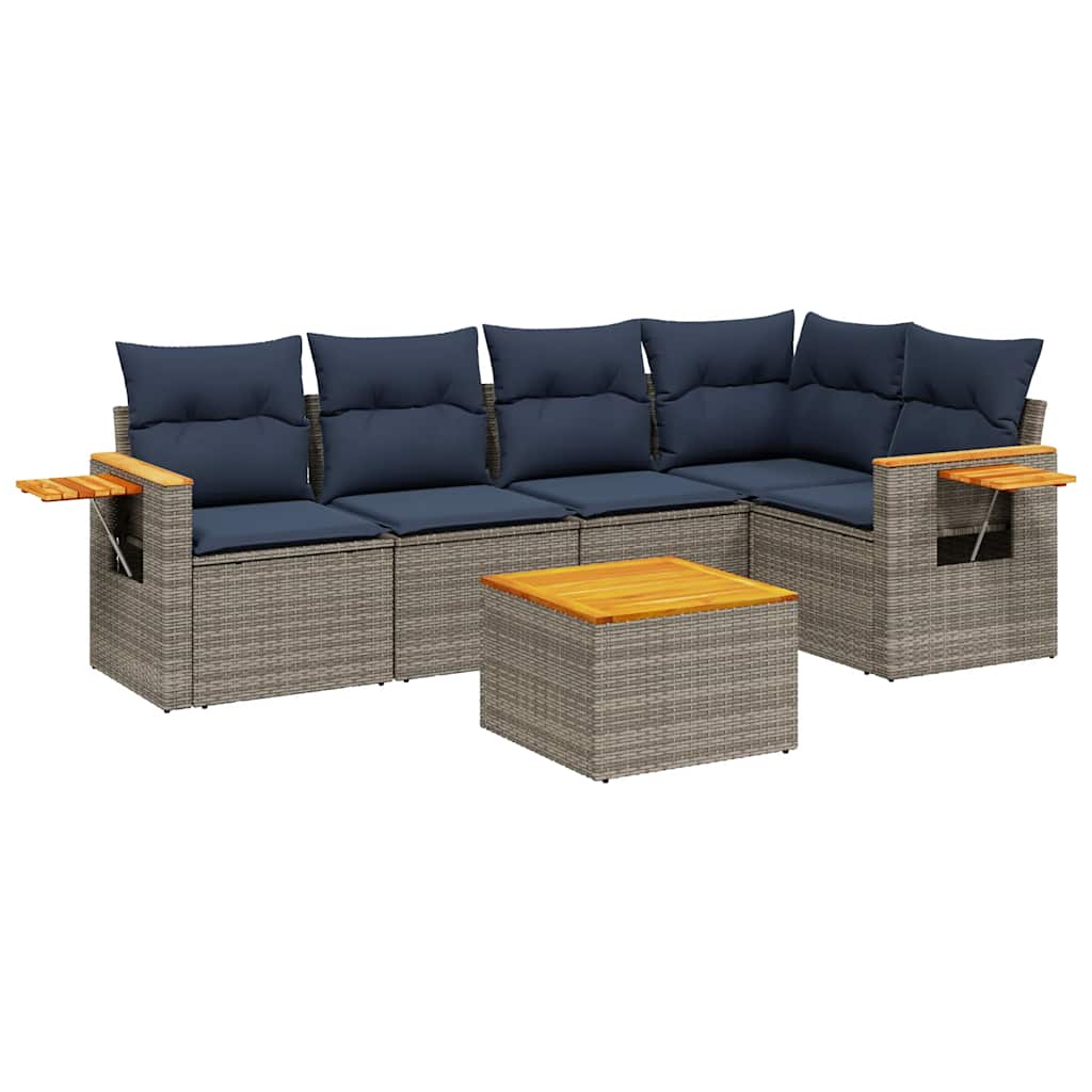 6-tlg. Garten-Sofagarnitur mit Kissen Grau Poly Rattan
