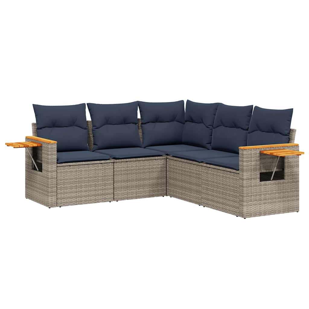 5-tlg. Garten-Sofagarnitur mit Kissen Grau Poly Rattan