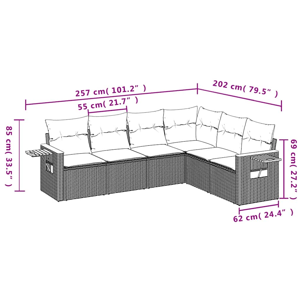 6-tlg. Garten-Sofagarnitur mit Kissen Grau Poly Rattan