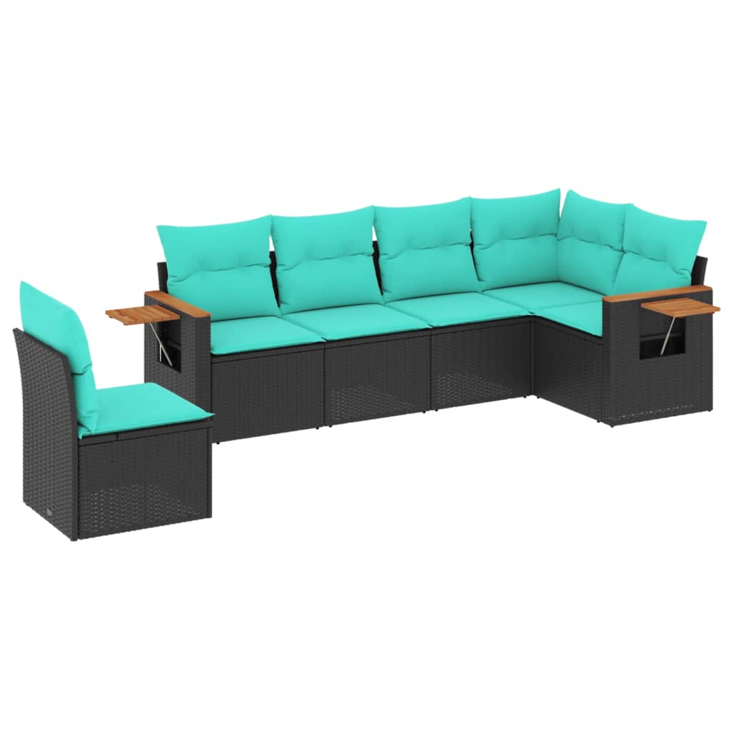6-tlg. Garten-Sofagarnitur mit Kissen Schwarz Poly Rattan