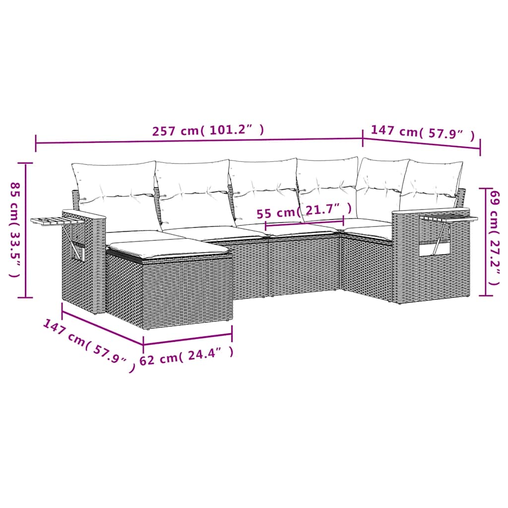 6-tlg. Garten-Sofagarnitur mit Kissen Schwarz Poly Rattan