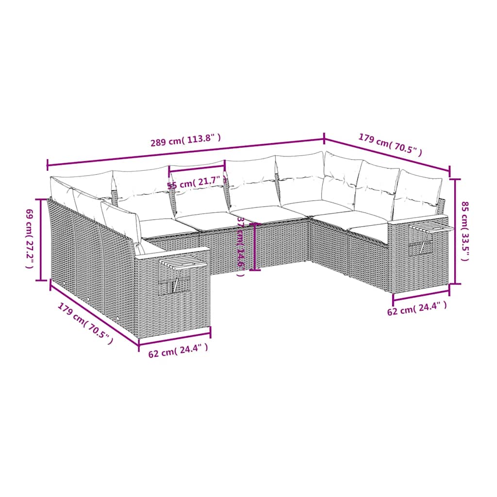9-tlg. Garten-Sofagarnitur mit Kissen Schwarz Poly Rattan