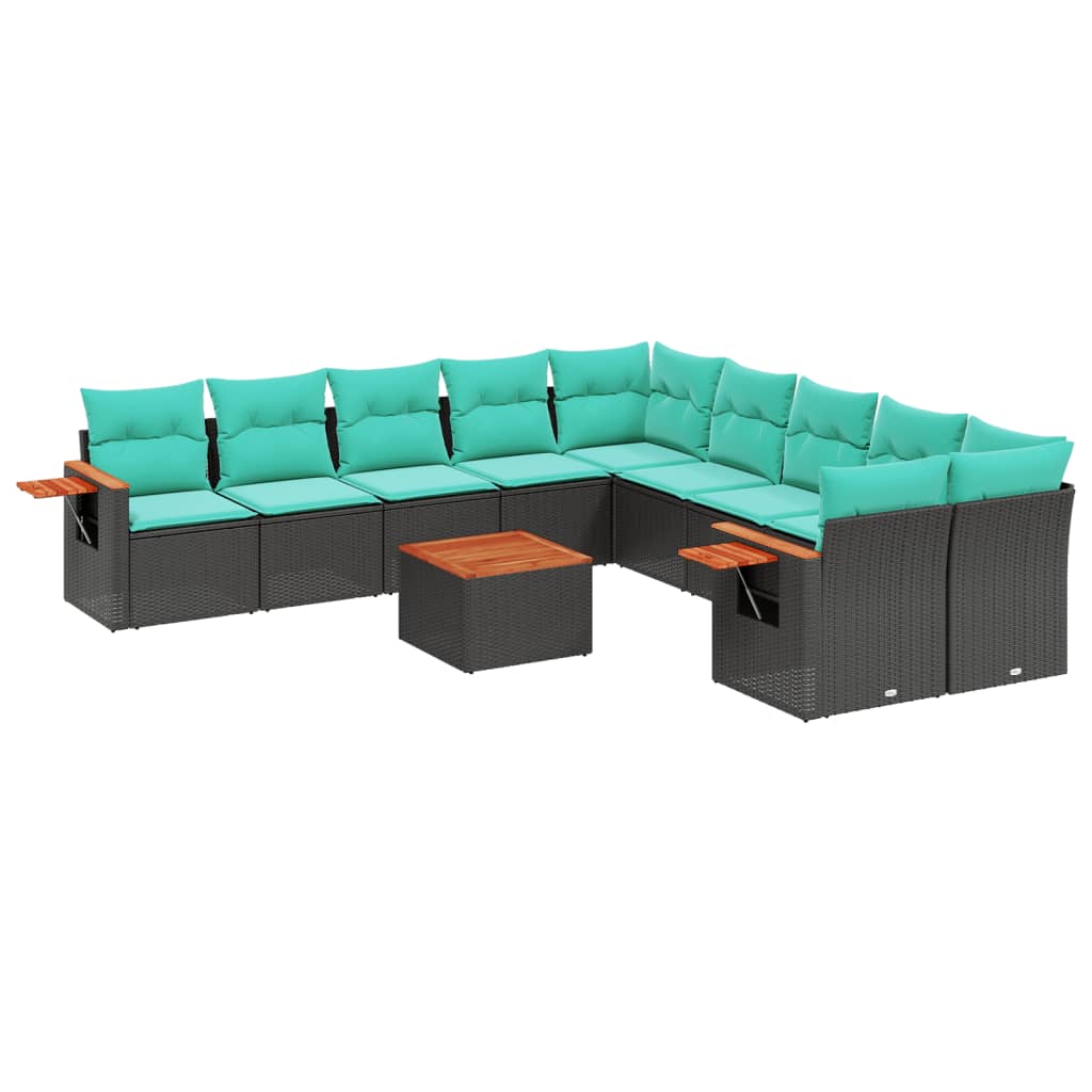 11-tlg. Garten-Sofagarnitur mit Kissen Schwarz Poly Rattan