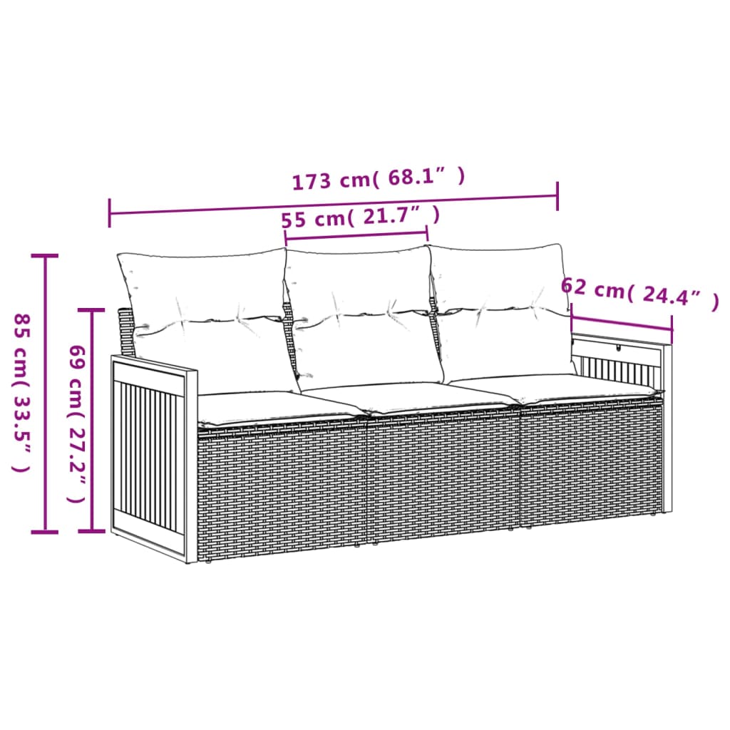 3-teiliges Gartensofa-Set mit Kissen, schwarzes Polyrattan