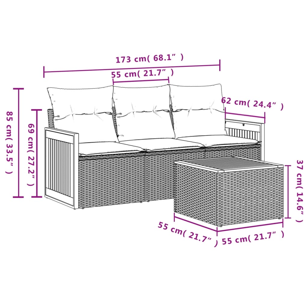 4-teiliges Gartensofa-Set mit Kissen, grau, Polyrattan
