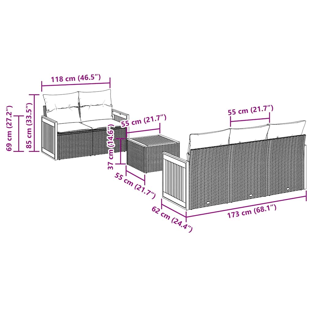 6-teiliges Gartensofa-Set mit Kissen, schwarzes Polyrattan