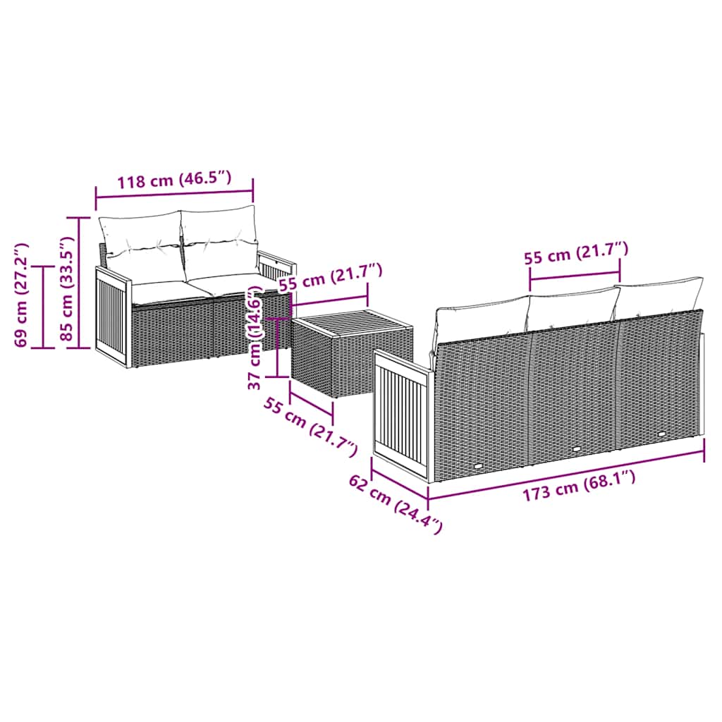 6-teiliges Gartensofa-Set mit Kissen, grau, Polyrattan